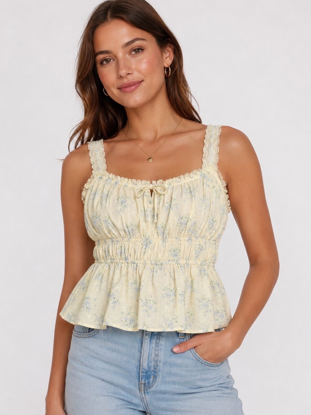 NWT Lush XL Ivory Blue Floral Lace Smocked Peplum Cottagecore Tank Top